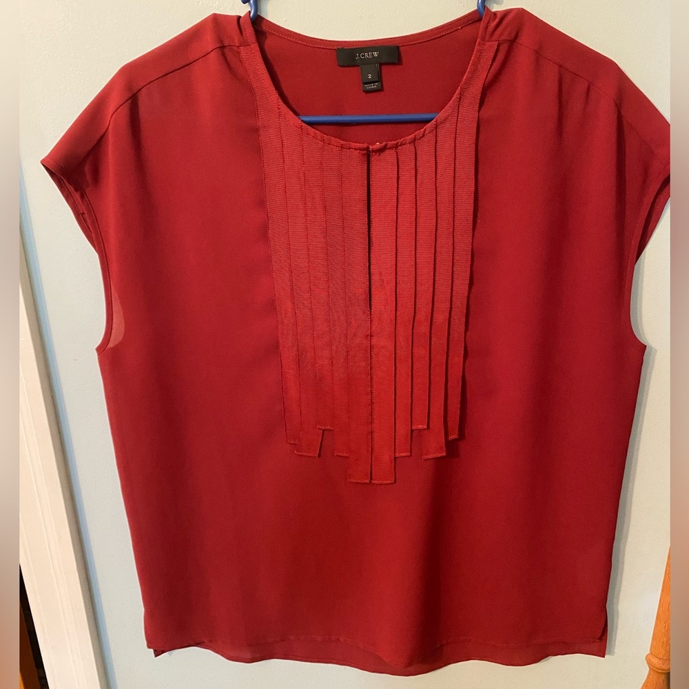 J. Crew Red Pleated Bib Collar Blouse
